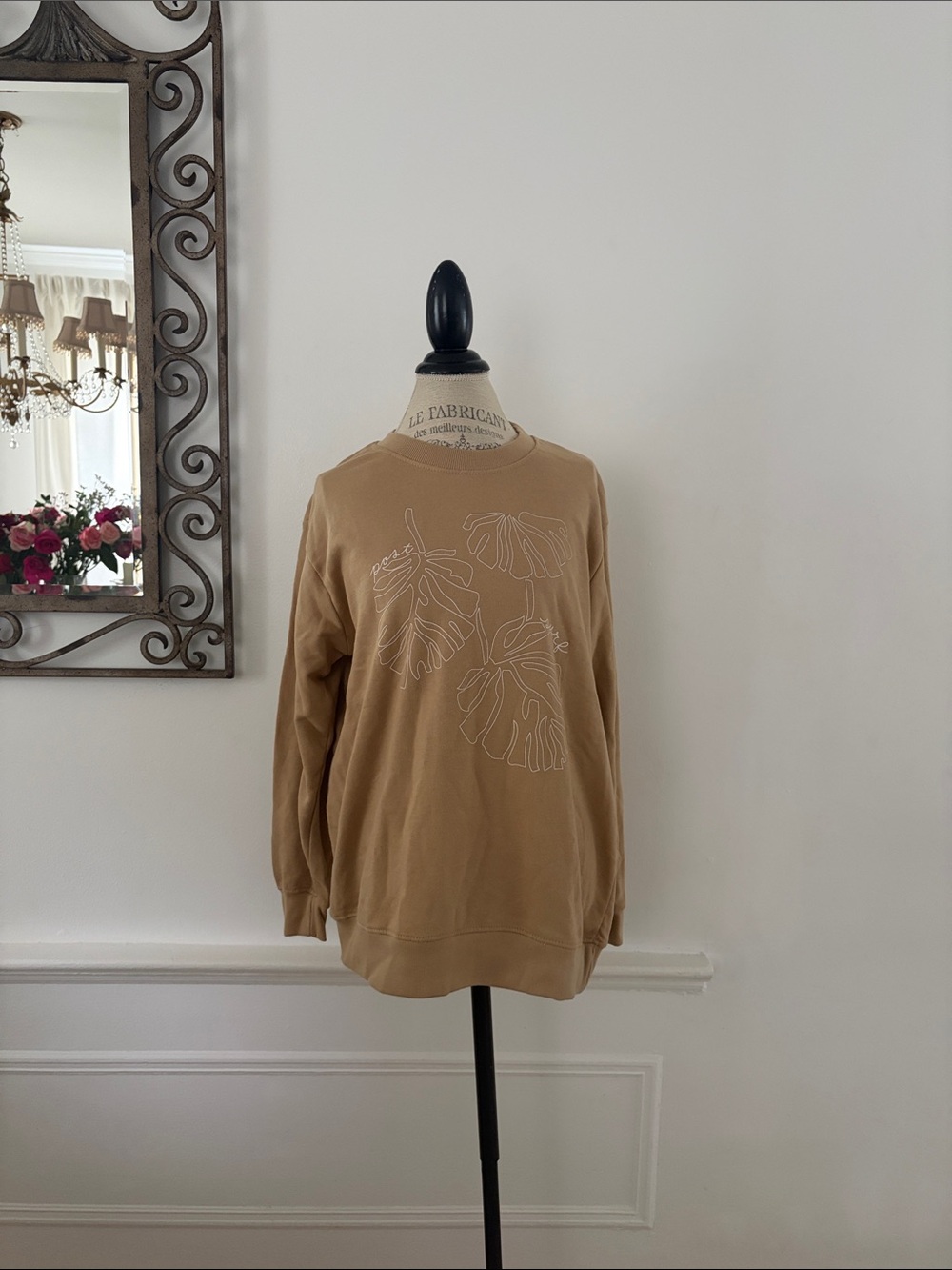 Neutral Tan Leaf-Print Crewneck Sweatshirt